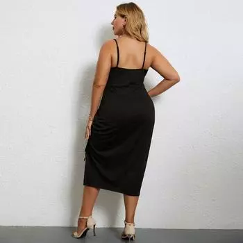 Летние повседневные платья на тонких бретельках, однотонное платье, женское платье больших размеров без рукавов, черное платье, плотное платье с высокой талией на шнуровке, пляжное платье XL чёрный