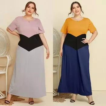 Летние повседневные платья с круглым вырезом для женщин Лоскутное платье Женские платья больших размеров с короткими рукавами Платья с высокой талией Модные платья для пригородных поездов XL розовый