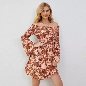 Летние повседневные платья с открытыми плечами для женщин Платье с цветочным принтом Женское платье со складками Свободные платья с высокой талией Пригородная мода Dresse S красный