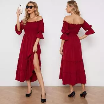 Летние повседневные платья с открытыми плечами для женщин, однотонное платье, женское красное платье со складками, свободные многоуровневые платья с высокой талией, пригородная мода Dresse S красный