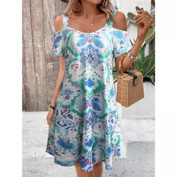 Летние повседневные платья с открытыми плечами для женщин, мини-платье с этническим цветочным принтом и мраморным принтом в стиле бохо и V-образным вырезом S синий