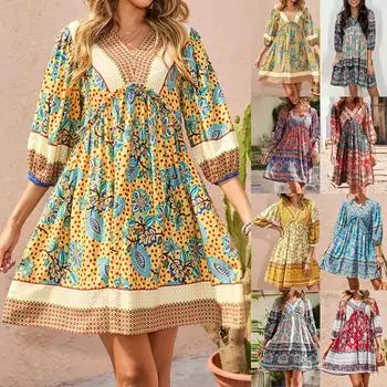 Летние повседневные платья с v-образным вырезом 3/4 и длинными рукавами с рюшами и цветочным принтом, мини-короткое пляжное платье для женщин 2022 L тёмно-синий