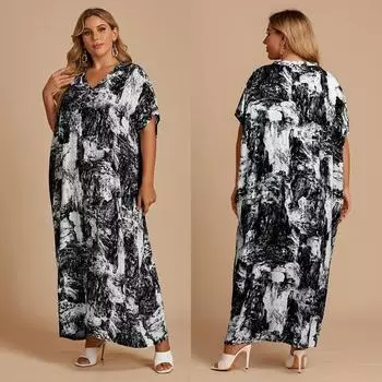 Летние повседневные платья с v-образным вырезом для женщин. Женские платья с короткими рукавами. Платья больших размеров с высокой талией. Свободное платье. Модные платья для пригородов. one size чёрный