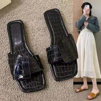 Летние повседневные пляжные шлепанцы с квадратным носком и плоской подошвой в одну линию для женщин 35 белый