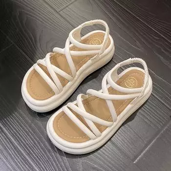 Летние повседневные пляжные туфли на плоской подошве с тонким ремешком, удобные модные римские сандалии на платформе на платформе 35 чёрный