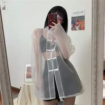 Летние повседневные прозрачные рубашки миди с длинным рукавом, женская одежда Y2k, блузки в стиле Харадзюку, корейский сетчатый прозрачный Cheongsam, солнцезащитный крем, свободный топ M