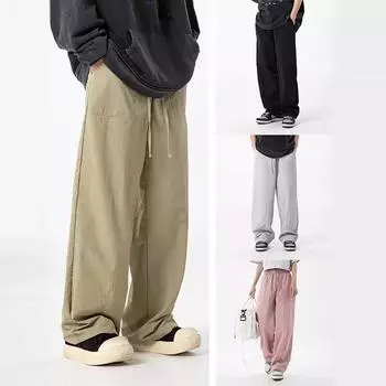 Летние повседневные рабочие брюки из ледяного шелка со слегка помятой отделкой, свободные, широкие, прямые, легкие, на шнурке, мужские брюки, повседневные мужские брюки, одежда, рабочие брюки S розовый