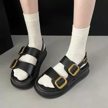 Летние повседневные римские сандалии на толстой подошве в стиле бисквит для женщин 35 чёрный