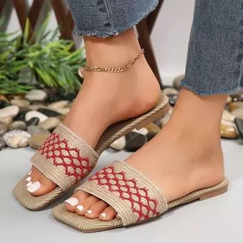 Летние повседневные сандалии, домашние тапочки для пар, 2024, новые модные женские льняные плетеные тапочки на плоской подошве, женская обувь, большой размер 43 36 зелёный
