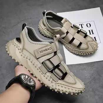 Летние повседневные сандалии с открытыми отверстиями, дышащая пляжная мужская обувь, спортивная повседневная дышащая обувь с сеткой на открытом воздухе 38 чёрный