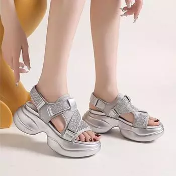 Летние повседневные сандалии со стразами на толстой подошве женские римские повседневные сандалии для улицы повышающие комфорт легкие спортивные сандалии на плоской подошве 35