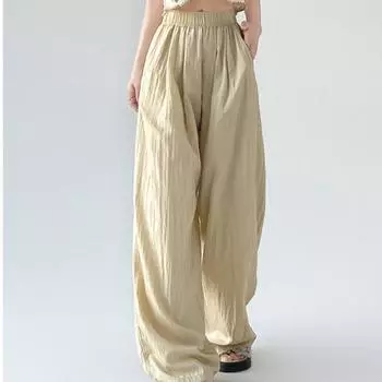 Летние повседневные широкие брюки из тонкого ледяного шелка для женщин, модные свободные плиссированные брюки с высокой талией, женские элегантные простые однотонные мешковатые брюки 25713 S бежевый