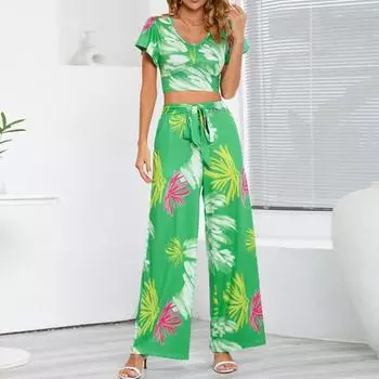 Летние повседневные широкие брюки с цветочным принтом, женские повседневные зеленые брюки с высокой талией, модный костюм из двух предметов Spodnie 24930 S синий