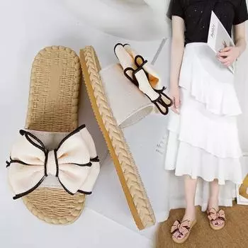 Летние повседневные шлепанцы Удобные льняные тапочки Полосатые льняные шлепанцы с бантом Сандалии на платформе Женская домашняя обувь 35 розовый