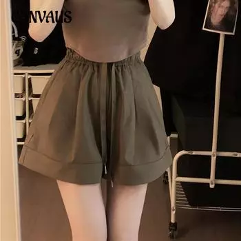 Летние повседневные шорты на завязках, женские, с высокой талией, большие размеры, прямые, широкие шорты S чёрный