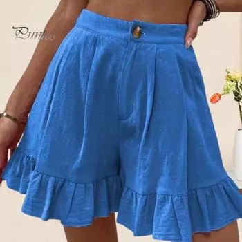 Летние повседневные шорты с высокой талией на молнии и пуговицах, однотонные шорты, однотонные широкие шорты с рюшами на манжетах S розовый