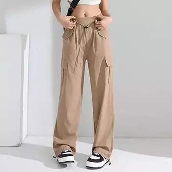 Летние повседневные спортивные брюки-карго на шнурке, рабочая одежда с высокой талией, свободные широкие брюки, карманы, модные однотонные элегантные тонкие брюки 679 M хаки