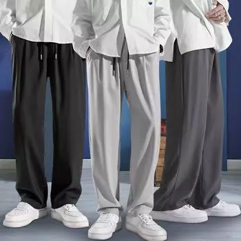 Летние повседневные свободные тонкие мужские прямые брюки, брюки из ледяного шелка, широкие брюки L чёрный