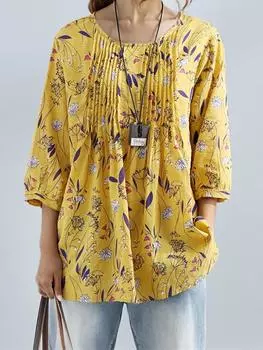 Летние повседневные свободные топы с круглым вырезом и принтом, женская мода, винтажный натуральный топ с короткими рукавами и рюшами, женский французский элегантный однотонный тонкий костюм большого размера S жёлтый