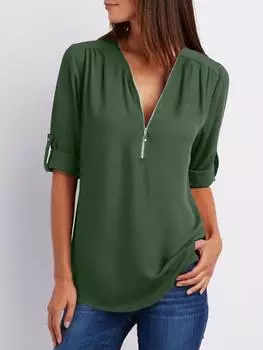 Летние повседневные свободные топы с v-образным вырезом больших размеров, женские элегантные винтажные тонкие рубашки с короткими рукавами, женская французская шикарная однотонная одежда на молнии S белый