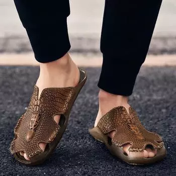 Летние повседневные тапочки больших размеров с закрытым носком, уличные мужские тапочки без шнуровки с мягкой подошвой, крокодиловый узор 38