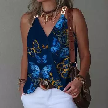 Летние повседневные тонкие топы на бретельках с v-образным вырезом, женские модные винтажные свободные топы без рукавов с принтом, женский эстетический шикарный натуральный топ с открытыми плечами S белый