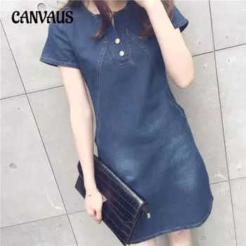 Летние повседневные тонкие женские джинсовые платья средней длины большого размера S темно-синий
