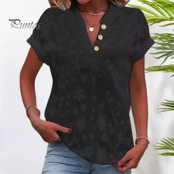 Летние повседневные топы с v-образным вырезом и пуговицами, пуловеры с короткими рукавами, однотонные топы свободного кроя, кружевная рубашка с цветочным принтом и вышивкой M чёрный