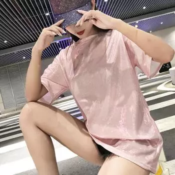 Летние повседневные топы, свободная футболка с круглым вырезом и короткими рукавами, блестящий пуловер средней длины, уличная одежда M чёрный