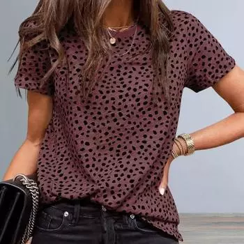 Летние повседневные топы женские с круглым вырезом и коротким рукавом в горошек футболка свободный крой эластичная XL серый