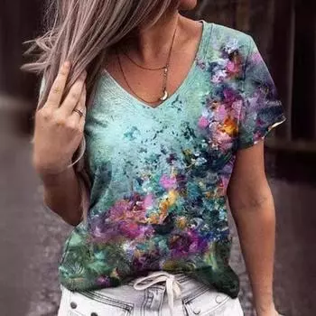 Летние повседневные женские элегантные футболки с V-образным вырезом и короткими рукавами с цветочным принтом для поездок на работу S