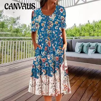 Летние повседневные женские платья с круглым вырезом и принтом, элегантное платье с карманами S синий