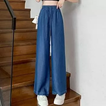 Летние повседневные женские тонкие джинсы на шнурке, модные свободные широкие женские джинсовые брюки с высокой талией, женские винтажные синие офисные женские прямые брюки S светло-синий