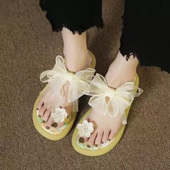 Летние повседневные женские туфли с круглым носком, бантом, стразами, цветами, мягкой подошвой, резиновые повседневные нескользящие женские туфли, сандалии 35 жёлтый