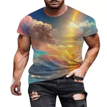 Летние праздничные модные повседневные футболки с рисунком пейзажа для мужчин, модные напечатанные красивые свободные футболки с круглым вырезом и коротким рукавом XXS