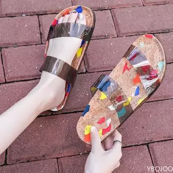 Летние пробковые туфли, женские прозрачные пробковые шлепанцы с двойной полосой, сандалии на разноцветной подошве, шлепанцы ярких цветов, прозрачные тапочки 35 чёрный