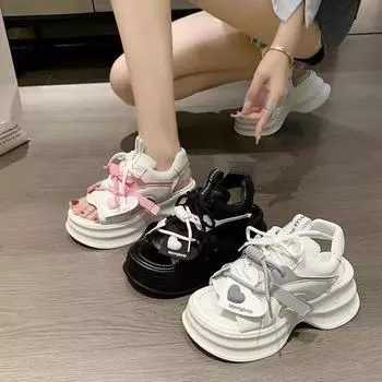 Летние прогулочные туфли на танкетке с толстой подошвой, женские с открытым носком, на шнуровке, массивные сандалии, модные спортивные женские сандалии на платформе 40 серый