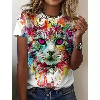 Летние прохладные кошки 3D принты женские молочный шелк повседневные футболки с короткими рукавами женские S