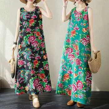 Летние простые модные ретро-принтованные хлопковые льняные безрукавки с круглым вырезом в стиле отпуска в повседневном стиле M чёрный