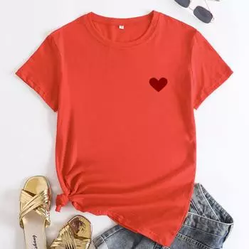 Летние простые топы, удобные футболки из чистого хлопка с принтом в виде сердца, свободные женские футболки с круглым вырезом и короткими рукавами S чёрный