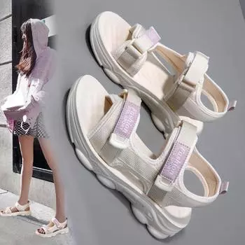 Летние противоскользящие износостойкие модные и легкие повседневные сандалии на липучке большого размера, пляжная обувь, тапочки, женская обувь 35 бежевый/зелёный