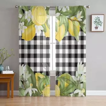 Летние прозрачные оконные шторы в клетку с лимонными фруктами для гостиной, кухни, детской спальни, вуаль, подвесная занавеска 135W x 114H(cm)