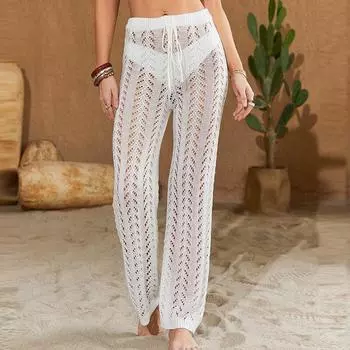 Летние прозрачные сексуальные брюки, женская модная уличная одежда, широкие брюки, женские пляжные полые солнцезащитные женские брюки 25179 S чёрный