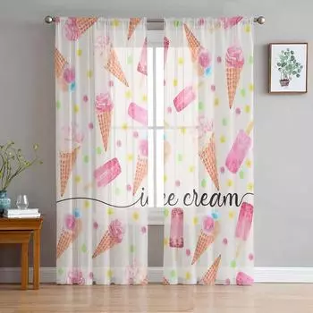 Летние прозрачные шторы с акварельной текстурой мороженого для гостиной, кухни, оконные шторы, тюлевые занавески для спальни, вуали 135W x 114H(cm)