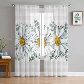 Летние прозрачные шторы с белой маргариткой и акварельной сеткой для гостиной, спальни, детской комнаты, тюлевые занавески для окон 135W x 114H(cm)