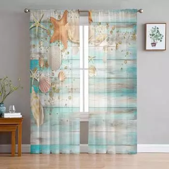 Летние прозрачные шторы с деревянной доской в виде ракушки и морской звезды для гостиной, кухни, оконные шторы, тюлевые занавески для спальни, вуали 135W x 114H(cm)
