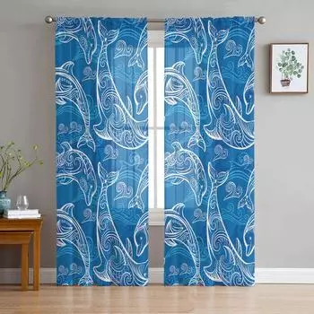 Летние прозрачные шторы с текстурой дельфинов для гостиной, спальни, детской комнаты, тюлевые занавески для окон 135W x 114H(cm)