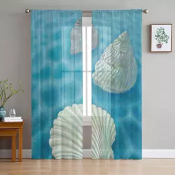 Летние прозрачные шторы в виде ракушек и моря, современные газовые шторы для гостиной, спальни, шторы из пряжи вуали W135 x H114cm