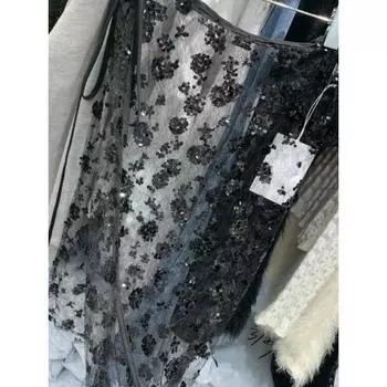 Летние прозрачные женские блестящие юбки в стиле Харадзюку, кружевная повязка с разрезом, винтажная Y2k, эстетичная повседневная юбка Mujer Falda S чёрный