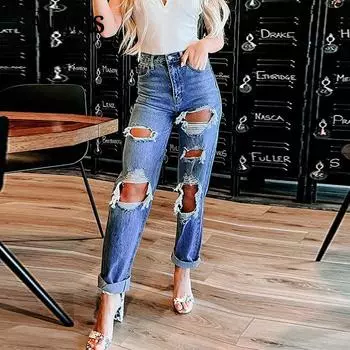 Летние прямые женские джинсы скинни с высокой талией и рваные джинсы S светло-синий